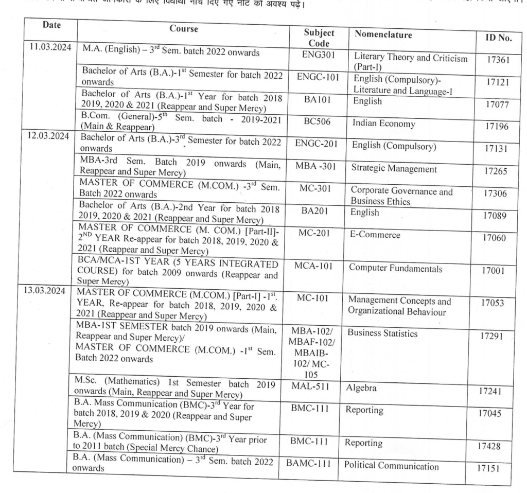 GJU Date Sheet 2024 Semester B.Tech B.Ed gjust.ac.in